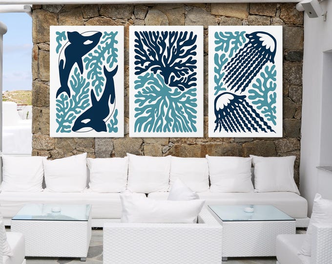 Framed Ocean Triptych Set for Modern Beach House Decor, Jelly Fish, Whales, Coral, Gift for Nautical Lover, Green and Blue, Seaweed • 337