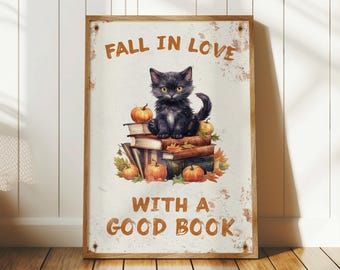 Fall in Love with a Good Book Cat Sign, Fall Nursery Decor, Fall School Decor, Fall Classroom Decor, Gift for a Teacher, Fall Cat Decoration
