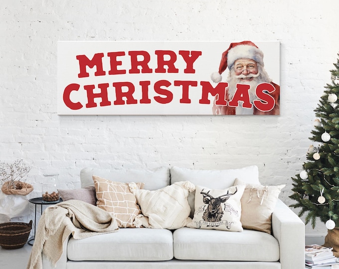 Merry Christmas Santa Sign, Santa Claus Wall Art Print for Holiday Decor, Red and White Christmas Canvas, Wide and Large Xmas Gift for Mom