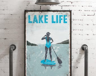 lake life gift, Aqua Paddleboarder Sign, Vintage Blue Wall Art for Her