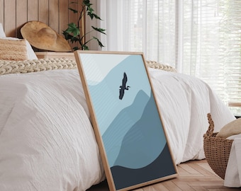 Abstract Crane Canvas: Ombre Blue Mountains - Large Modern Wall Art