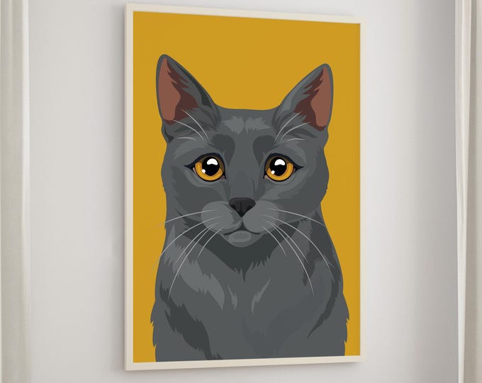 Pop Art Cat Canvas, Gray Cat on Orange Background, Modern Pet Portrait Wall Art, Vibrant Feline Print, Unique Girlfriend Gift, Dorm Decor