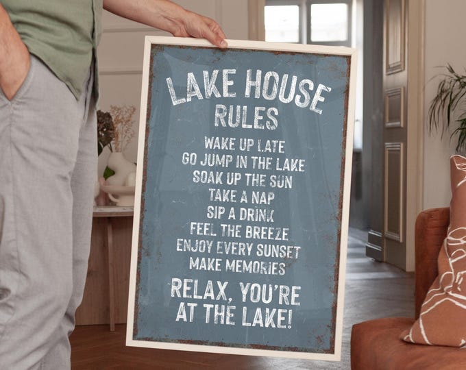 Harbor Blue Lake House Rules Print - Rustic Frame, Outdoorsy Gift