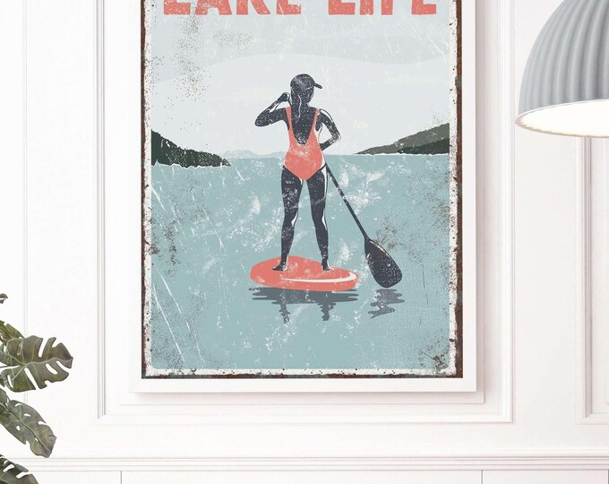 Lake Life Wall Art: Vintage Paddleboard Scene (Canvas or Paper)