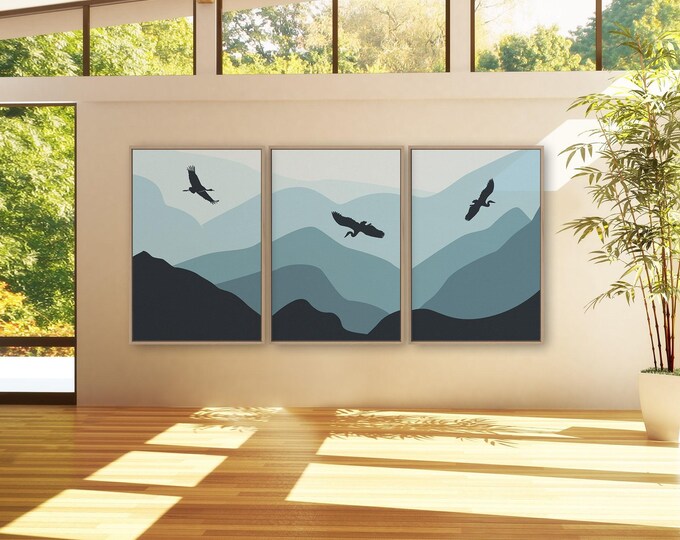 Blue Mountain Sky Landscape with Crane, Large Abstract Wall Art, 3 Piece Set, Triptych Home Decor for Modern Lake House • 033