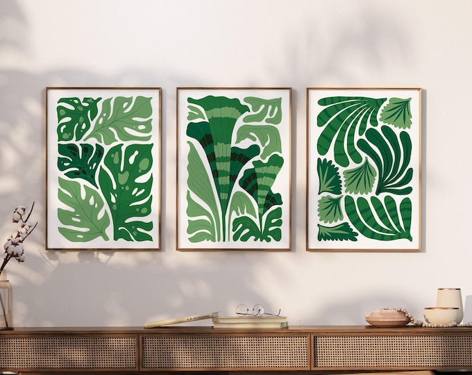 Boho Jungle Canvas Triptych, Green Palm Leaves (3 Piece Set)