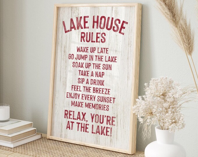 Gift for Cottage, Lake House Rules Sign in Crimson, Red and White Cabin Wall Art