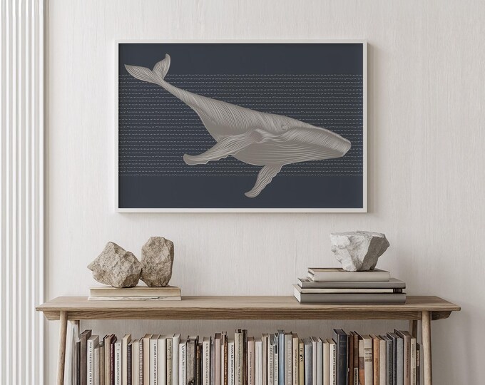 Blue Gray Whale Wall Art: Coastal Ocean Theme with Navy Stripes