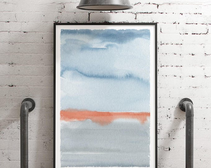 Blue Beach Abstract Wall Art, Coral Horizon Band Watercolor, Modern Coastal House Canvas