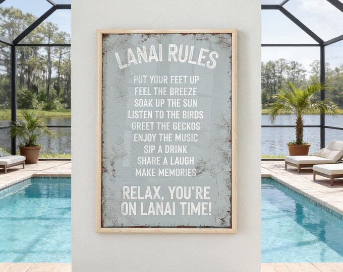 Lanai Rules Sign, Whitewashed Gray Distressed Wall Art, Pool Party Host Gift