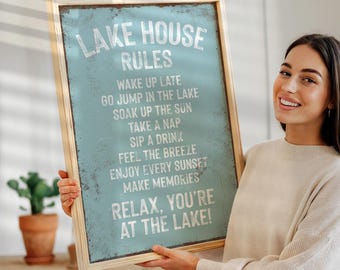 framed lake art, Seafoam and Cream House Rules for a Rustic Cabin, Gift for Her