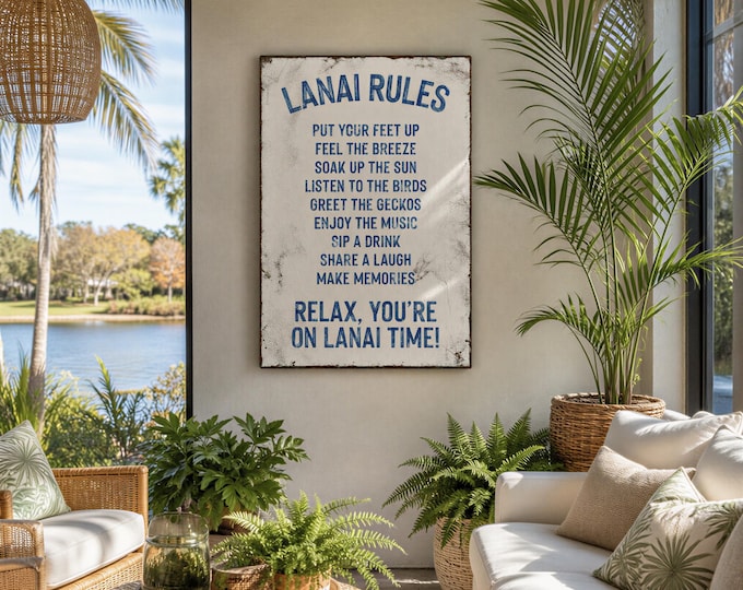 Outdoor Lanai Wall Sign, Cream Coastal Rules Print, Sunny Patio Porch Decor