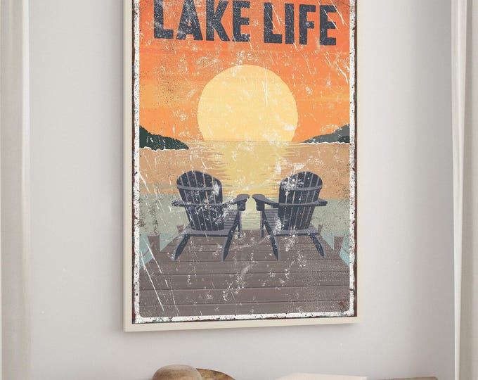 Retro Water Art, Lake Life Sunset Sign, Navy Adirondack Chairs on the Dock Print
