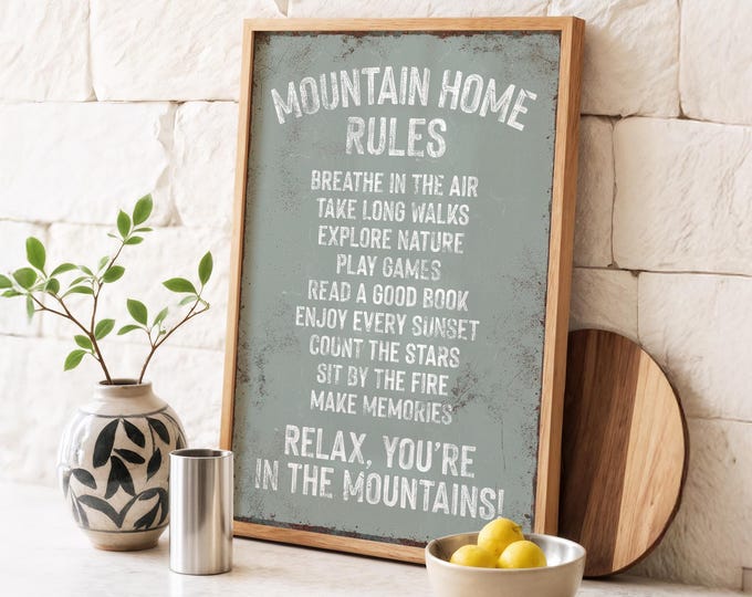 Mountain House Rules Sign - Sage Green Ski Lodge Style Wall Art