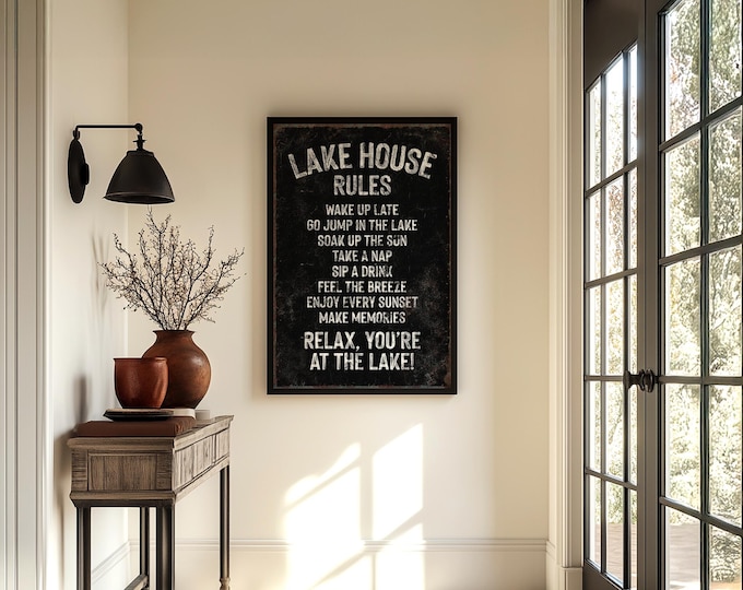 Distressed Lake House Rules Sign in Black and White Tones for Vacation Rental Wall