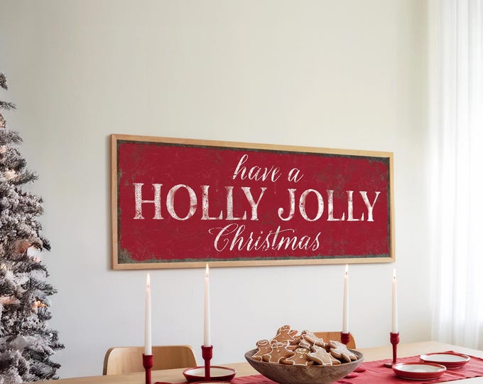 A Holly Jolly Christmas Typography Sign in Cream White on Barn Red