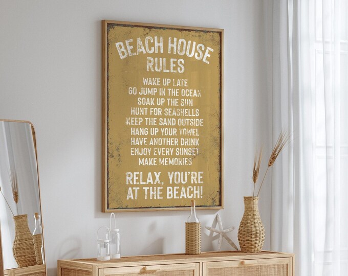 Vintage Beach House Rules Print, Butternut Yellow Coastal Art, Farmhouse Decor, Distressed Housewarming Gift