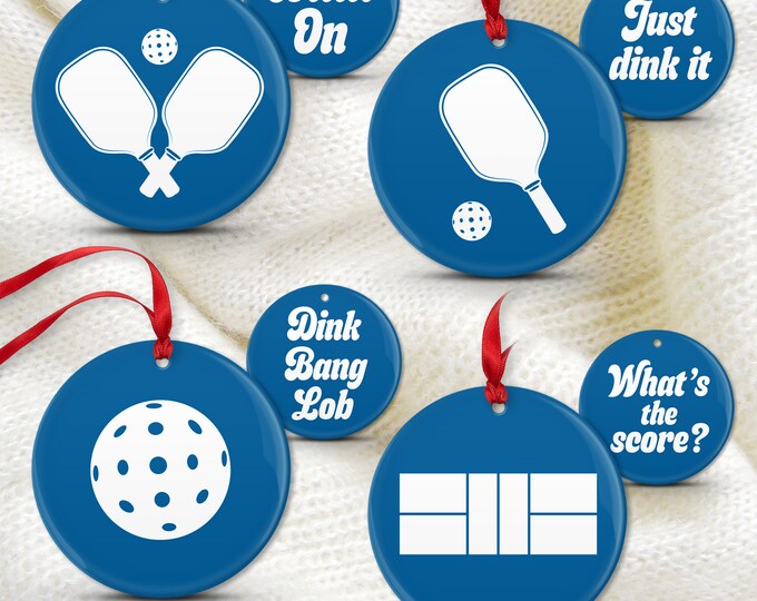 Pickleball Bundle Ornament Set of 4, Ceramic Porcelain, Unique Gift for Pickleball Lovers, Metal Christmas Pickleball Ornament • 01, 04