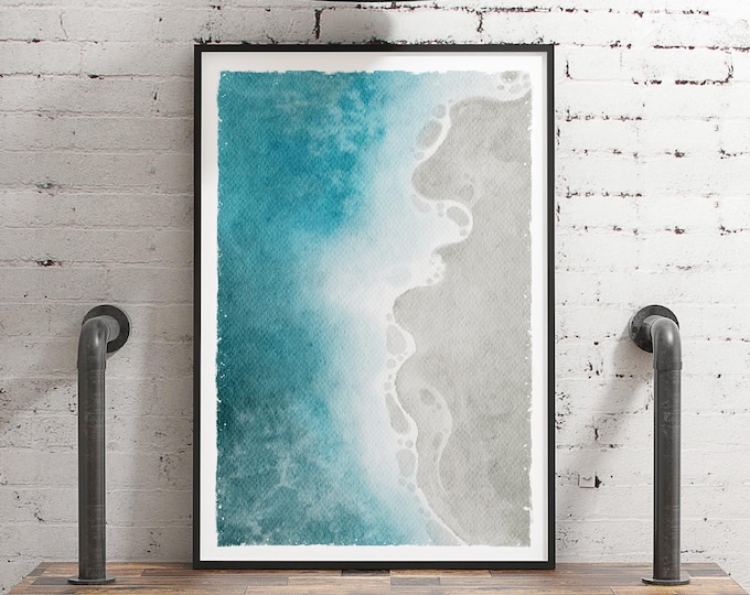 Beach House Wall Art, Abstract Aqua Shoreline Watercolor Print, Tan Coastal Gift