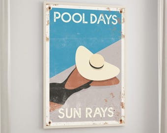 Retro “Pool Days, Sun Rays” Sign, Large Vintage Poster of Woman Tanning in Large Sun Hat, Canvas Print for Home Decor or Outdoor Aluminum