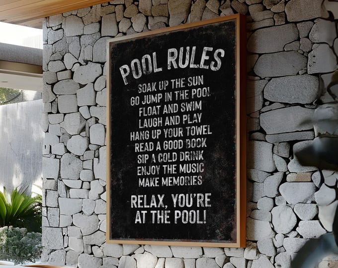 Retro Pool Rules Sign in Black, Vintage Inspired Wall Decor for Poolside, Available in Canvas Paper Aluminum, Pool Gift Idea for Friend