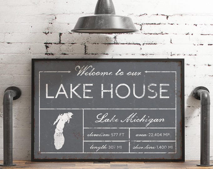 Chalkboard Art, Welcome to our Lake House Sign, Michigan Map in Gray and White Decor