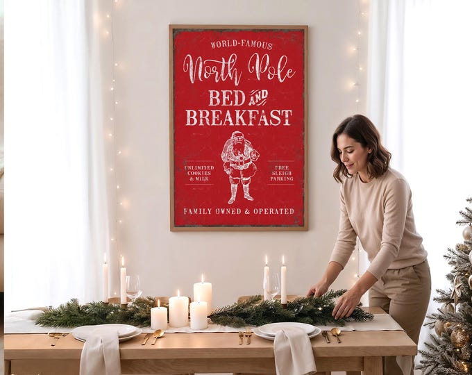 Rustic North Pole Bed and Breakfast Sign, Cozy Red Christmas Decor