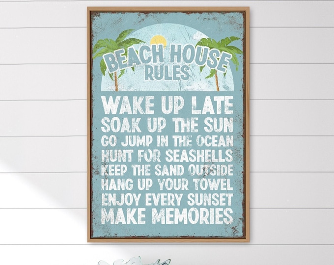 Vintage tropical palm sign, beach house rules in cream on pale sky blue, retro tiki bar wall art