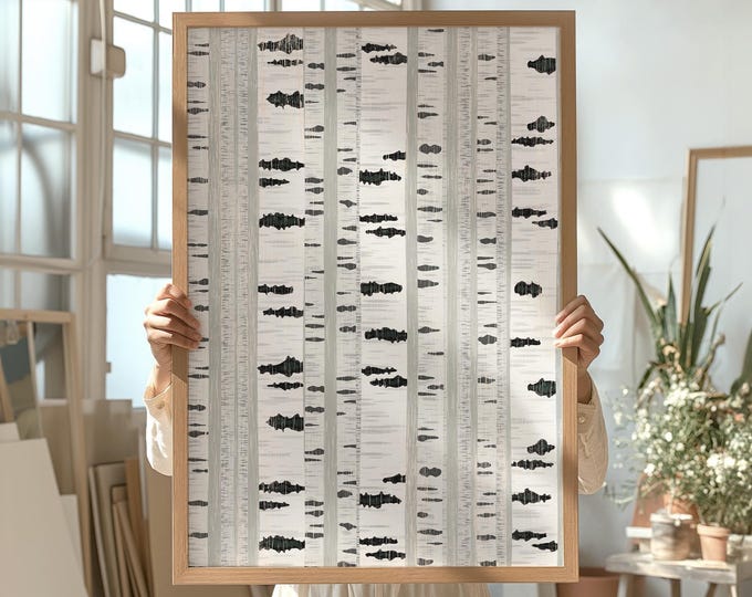 Birch Wall Art Print, Pale Trunks in Black and Cream, Neutral Boho Nature Decor