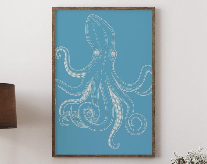 Octopus Art Ocean Print, White Line Drawing On Ocean Blue, Vintage Bar Decor