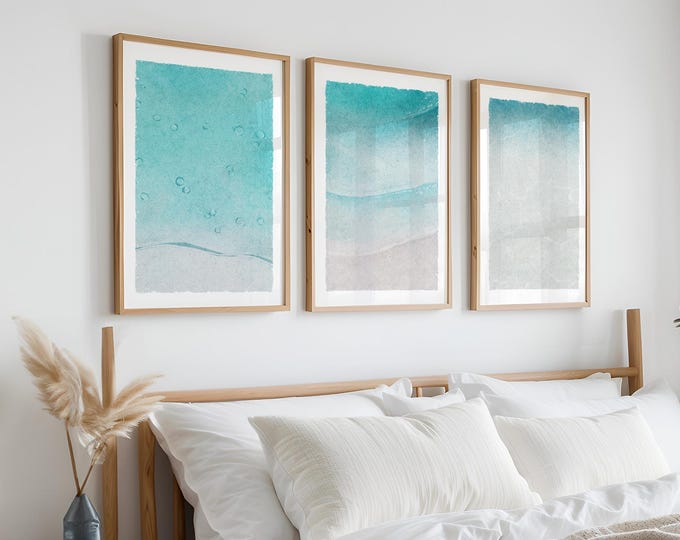 Watercolor Triptych No. 374, Clear Turquoise Blue Water, Tranquil White Sand Beach House Decor, Vivid Aqua Ocean Tide Wall Art, Coastal Wave