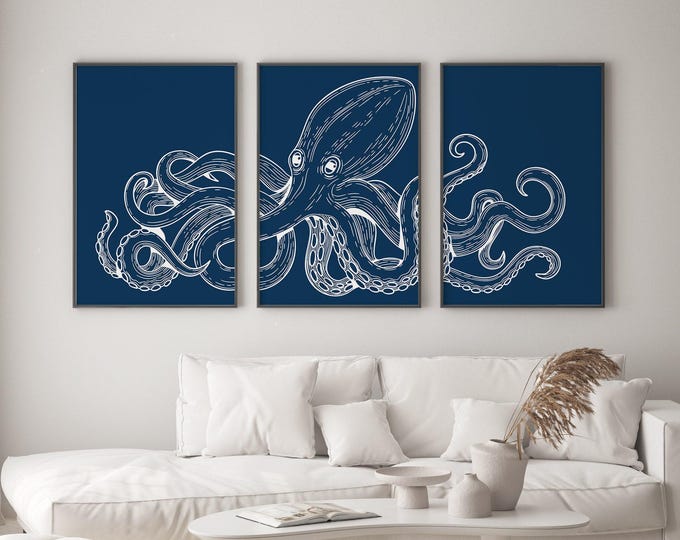 Octopus Art Triptych, White Line Drawing on Navy, Nautical Set of 3 Wall Decor