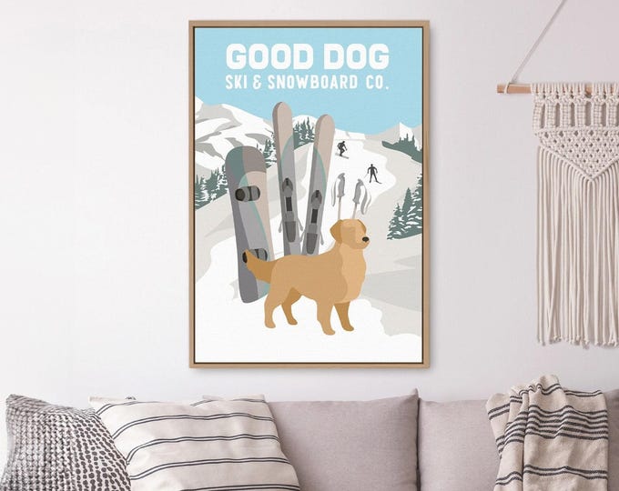 Vintage Ski Poster Wall Art, Retro Dog Ski Lodge Decor