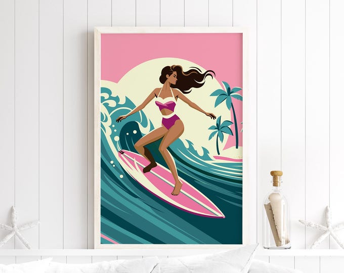 Retro Beach Surf Art, Woman on Pink Board (Multiple Sizes)