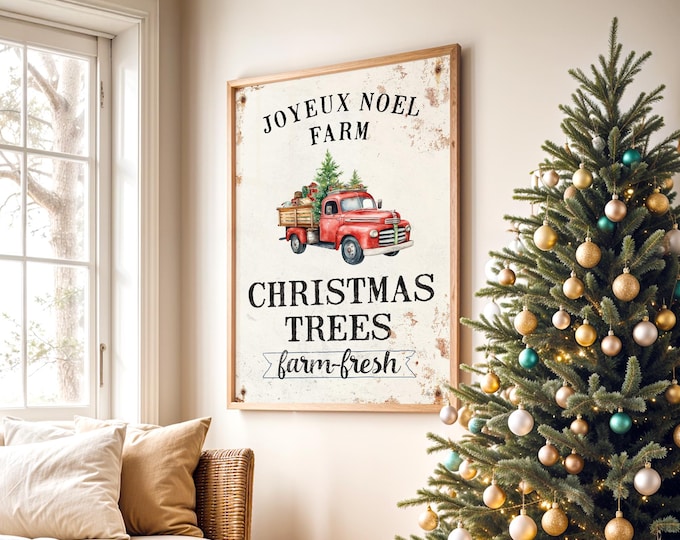 Rustic Christmas Sign: Vintage Red Truck with Joyeux Noel