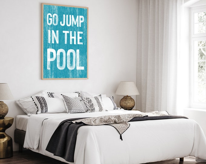 Go Jump in the POOL Poster Duck Blue VACATION RENTAL Decor, Coastal Wall Art, Faux Vintage Wood Canvas Print, Rustic Lanai Pool Signs