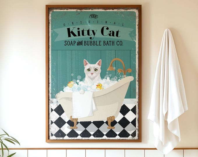 Farmhouse Cat Bathroom Poster, Vintage Bubble Bath Scene (Multiple Sizes)