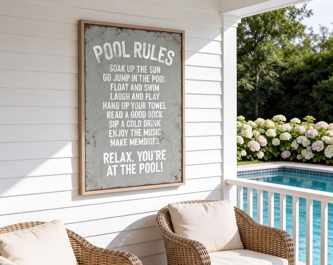 Pool Rules Soak Up The Sun, Sage Gray And White Backyard Wall Art, Gift
