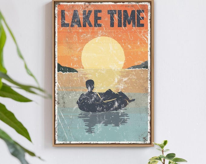 Tubing Gift, Burnt Orange Sunset Lake Time Sign, Navy Silhouette Cabin Wall Art