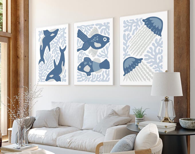 Dusty Blue Orca Triptych, Jellyfish and Coral Set of Three, Modern Beach Wall Art