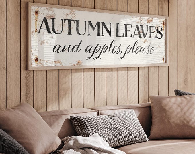 Vintage Fall Decor, Leaves And Apples Sign, Charcoal and White Weathered Wall Art