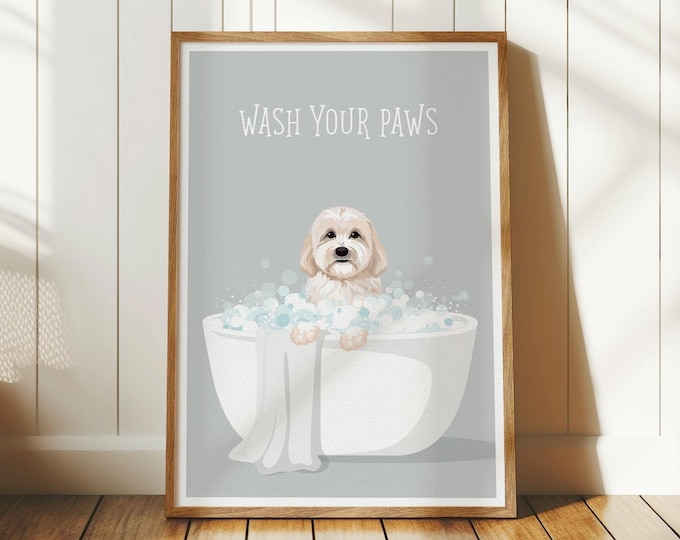 Goldendoodle Wash Your Paws Bathroom Wall Art, Calm Pet Decor