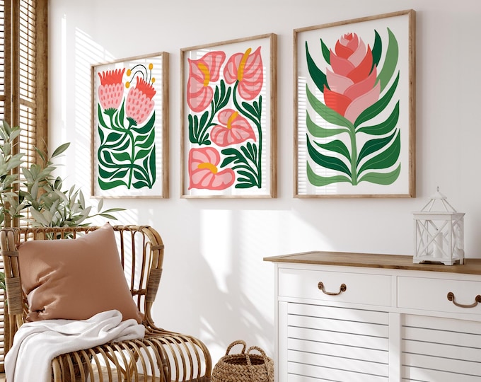 Spring Pink Flower Triptych, Floral Wall Decor, Canvas Prints, Tropical Botanical Art, Set of 3 Panels, Matte Paper Finish