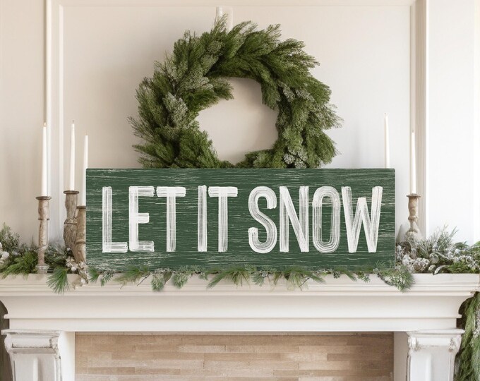 Green Let It Snow Canvas Sign, Dark Green Winter Lodge Wall Art, Long and Skinny Wide Faux Wood Print for Above Couch, Christmas Art Gift