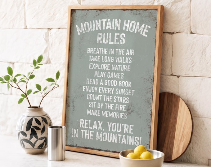 Mountain House Rules Sign, Sage Green Pacific Northwest Lodge Decor