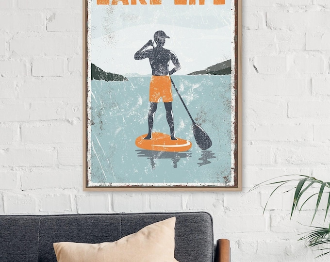 Vintage Lake Life Sign - Paddleboard Wall Art with Orange Detail