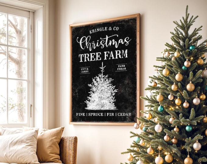 Vintage Tree Farm Christmas Sign, Rustic Wood (Canvas or Paper Print)