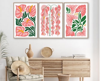 Jungle Flower Triptych Wall Art — Pink Tropical Canvas Set, Botanical Decor