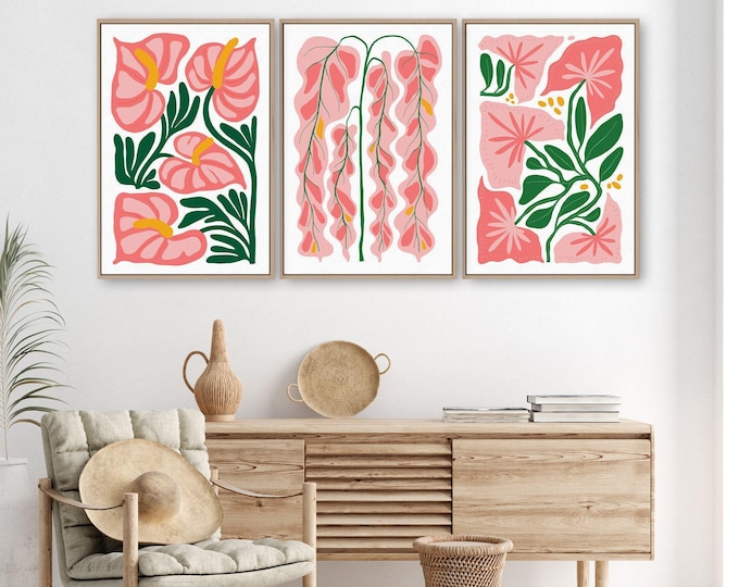 Tropical Blocks Triptych Wall Art, Pink Tropical Flowers, Jungle Canvas Print Set, Abstract Boho Wall Art, 3 Piece Set • 409
