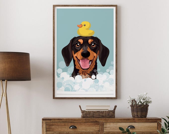 Dog Bathroom Wall Art: Dachshund in Bubbles (Canvas, Paper, Aluminum)